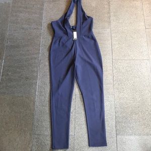 Nasty Gal plunge crepe jumpsuit navy blue size 8